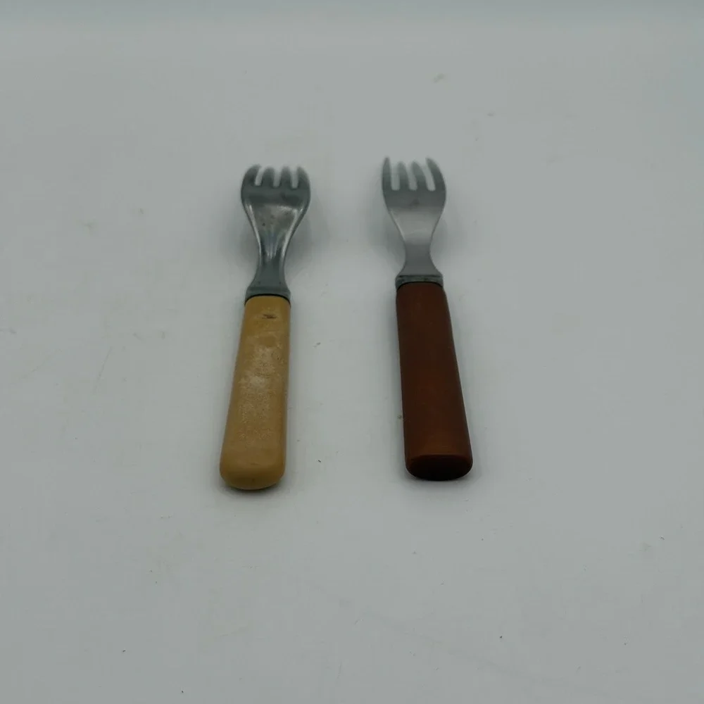 Vintage Possible Bakelite Dinner Forks Stainless Steel Yellow Brown Retro Pair